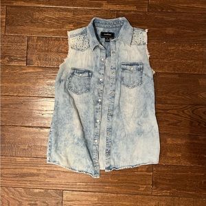 Faux Denim Vest with Rhinestone Embellishments - Super Fun for Layering!